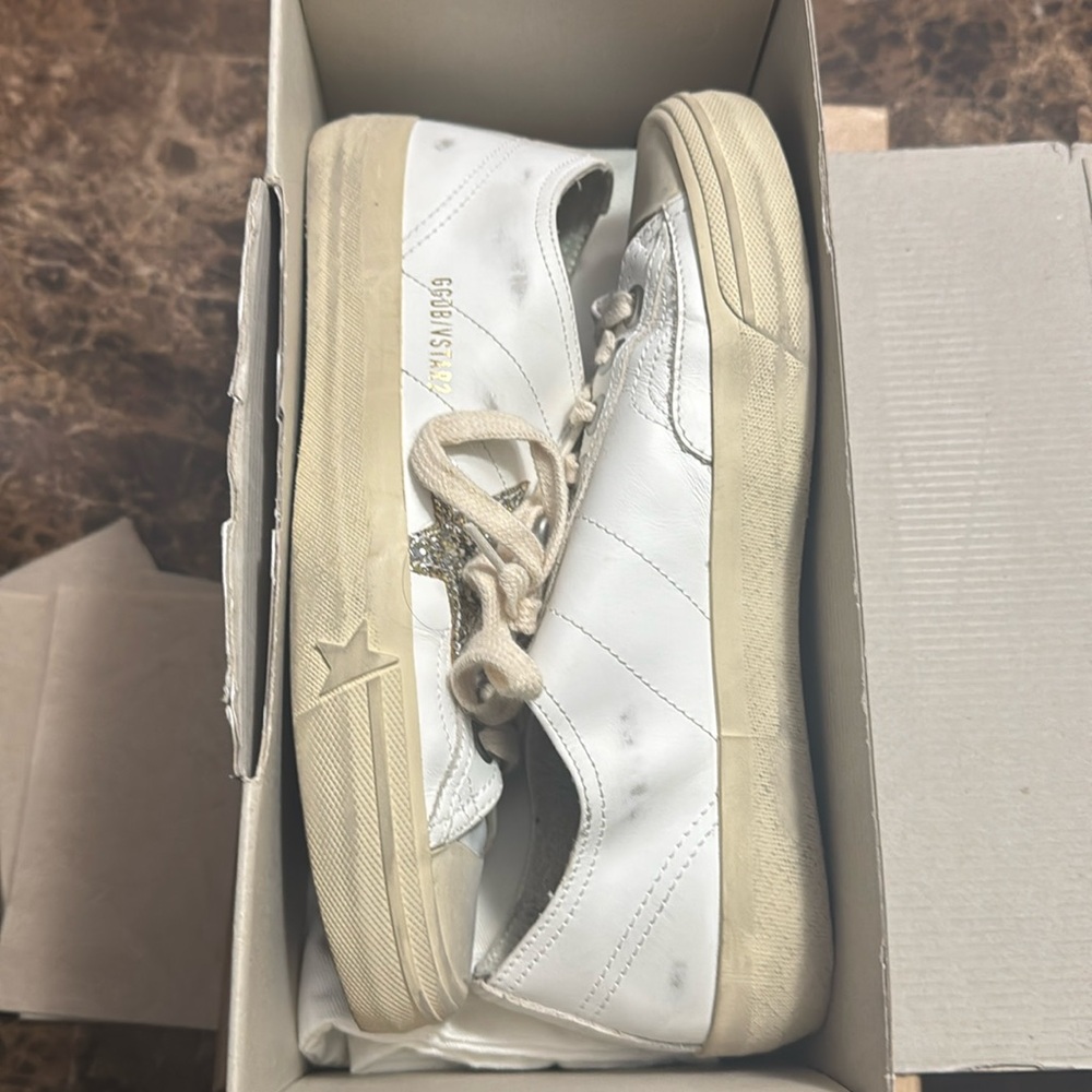 Golden Goose V Star 2 White Leather Upper Silver Glitter Star Sneakers 38
